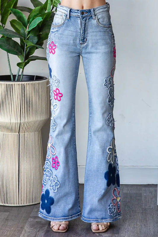 OLI & HALI Washed Flower Embroidery Denim Pants