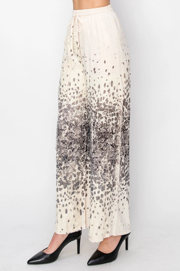 ORIGAMI Relaxed Lace Patchwork Pants with Elastic Drawstring Leopard Rose