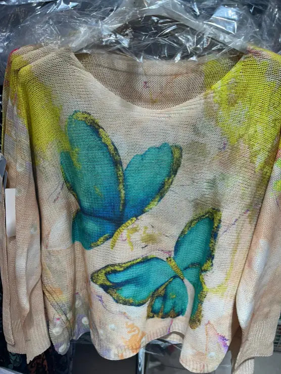 Blue Butterfly Printed Spring Long Sleeves Sweater