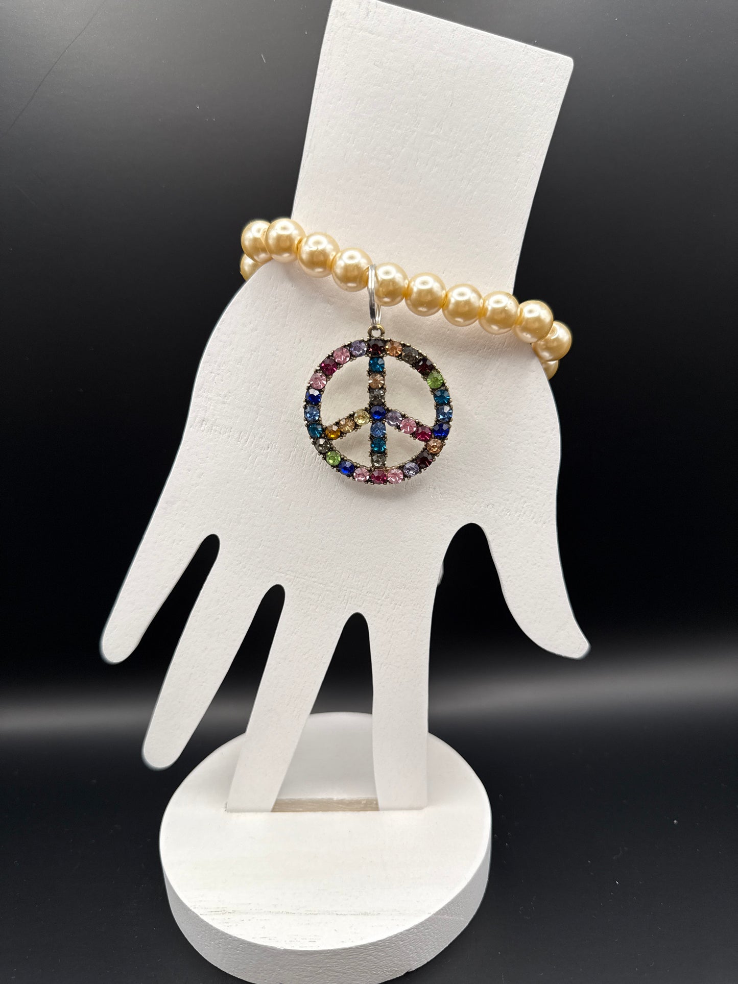 Multicolor Peace Sign Champagne Pearl Bracelet