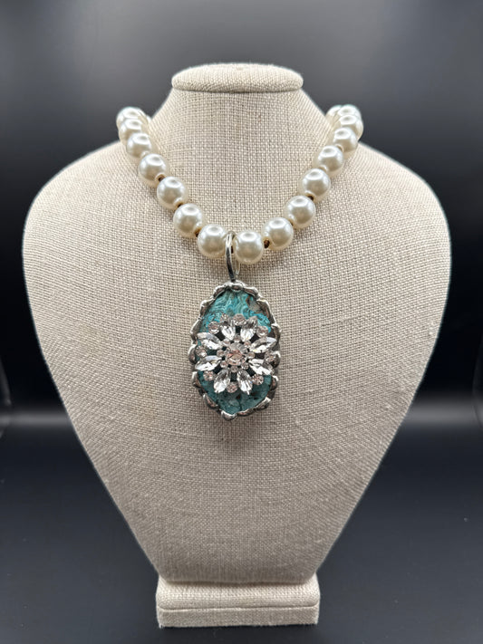 Hand Soldered Teal Stone with Crystal Flower Pearl Necklace