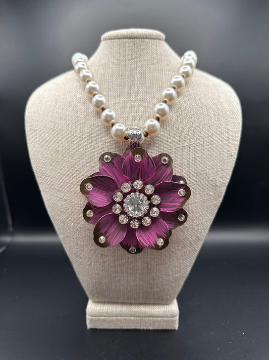 ALICE Hand Painted Pink Metal Necklace with Crystal Center