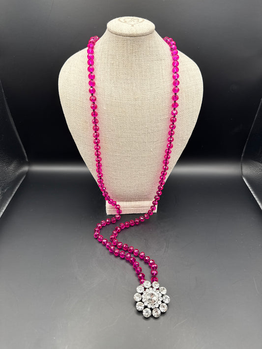 ALICE Crystal Bead Long Necklace Hot Pink