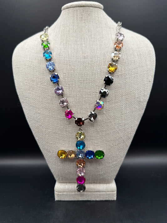 Large Multicolor Stone Cross Necklace