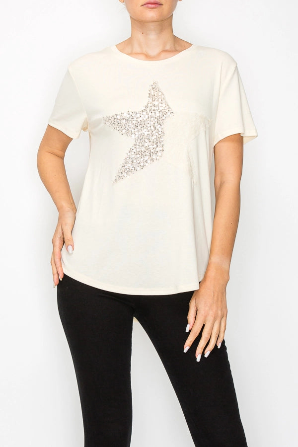 ORIGAMI Beige Lace and Sequin Star Top