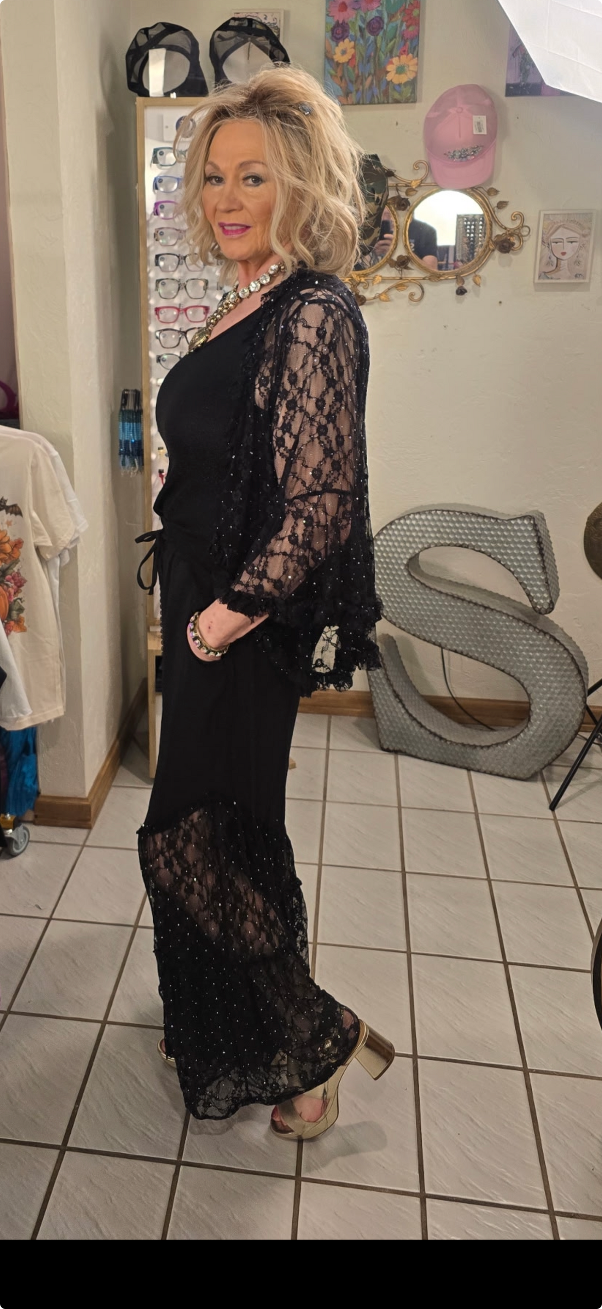 ORIGAMI Black Flowy Pants with Sparkle Lace Bottom