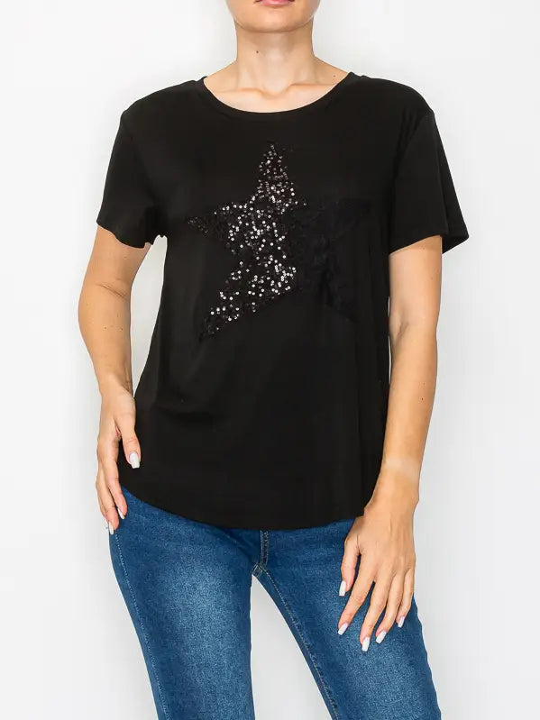 ORIGAMI Black Lace and Sequin Star Top