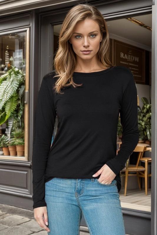 MagicFit Rounded Bottom Solid Basic Long Sleeve Top Black