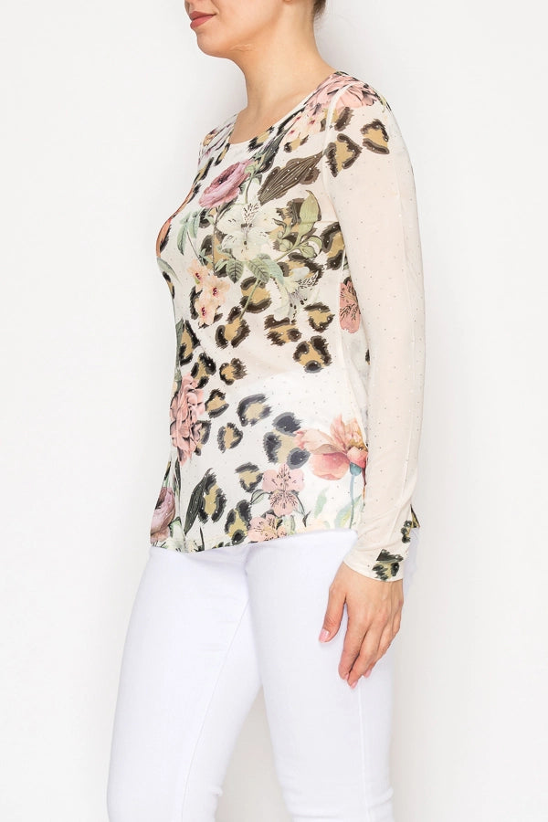 ORIGAMI Sparkly Long Sleeve Sheer Mesh Top Leopard Flower