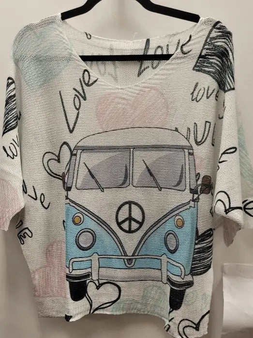 White Love Van Knit Printed Sweater