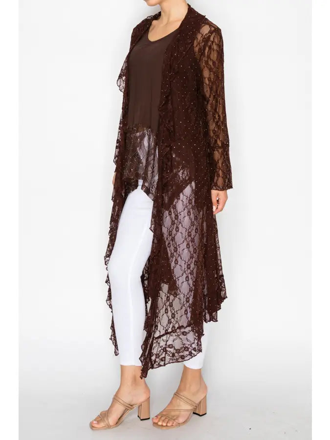 ORIGAMI Brown Ruffle Lace Duster