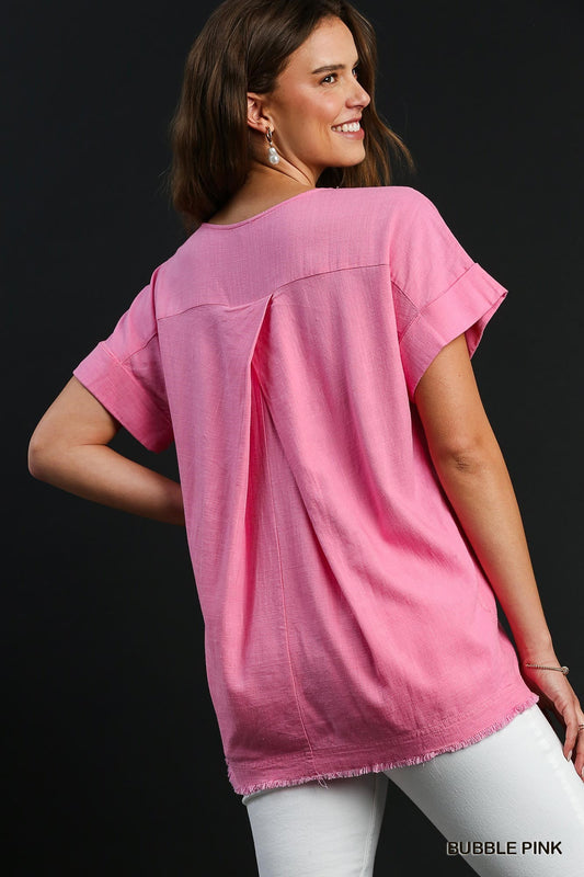 UMGEE Linen Blend Top with Cuffed Sleeves and Frayed Hemline Details Pink