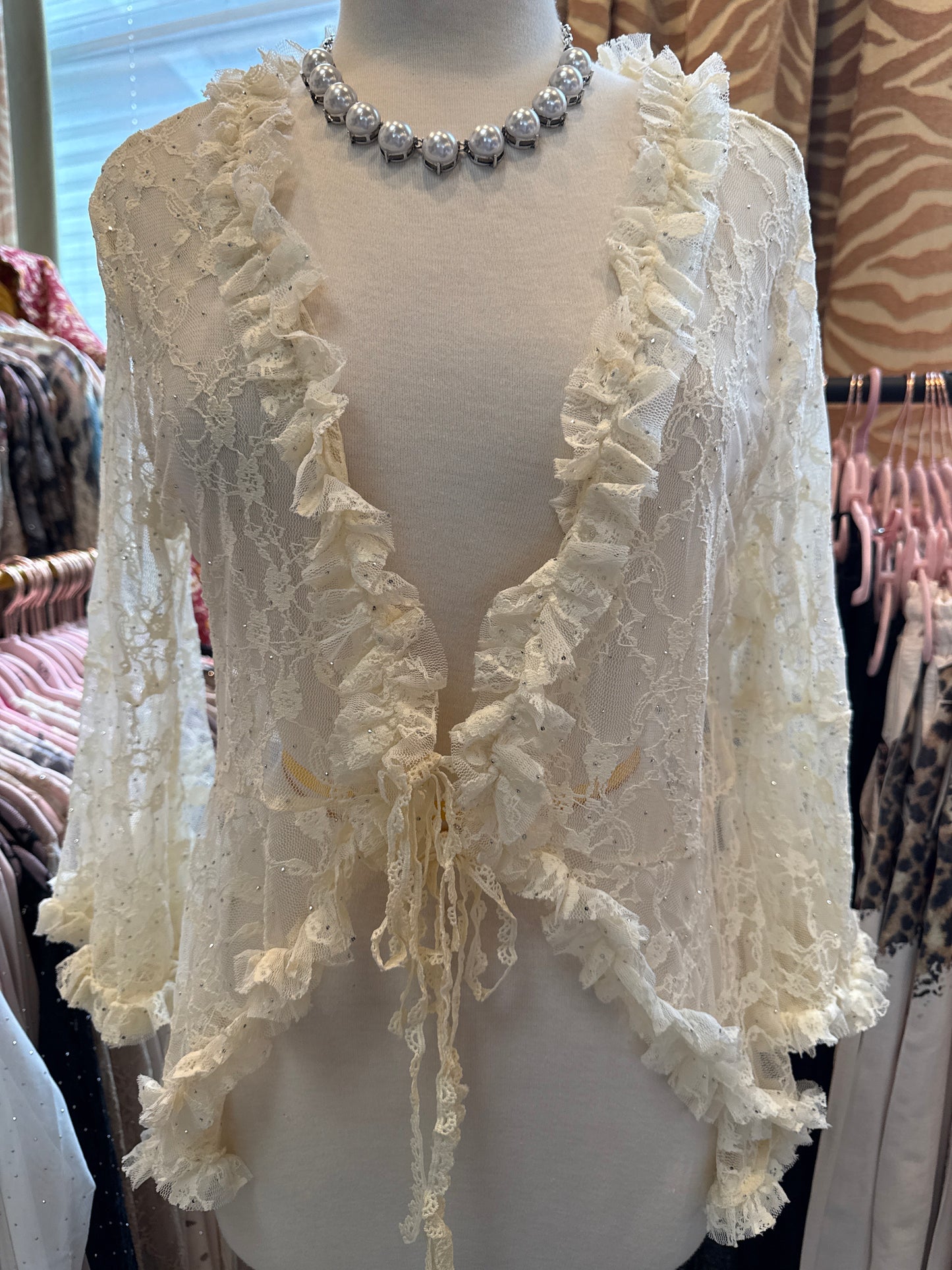 ORIGAMI Beige Lace Cardigan with Ties and Ruffles