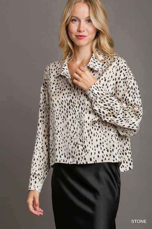 UMGEE Animal Print Long Sleeve Crop Top with Chest Pocket Stone