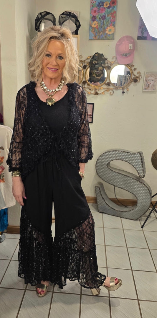 ORIGAMI Black Flowy Pants with Sparkle Lace Bottom