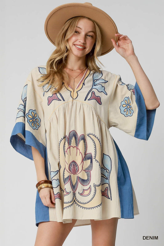 UMGEE Bohemian Embroidered Kaftan Dress Denim