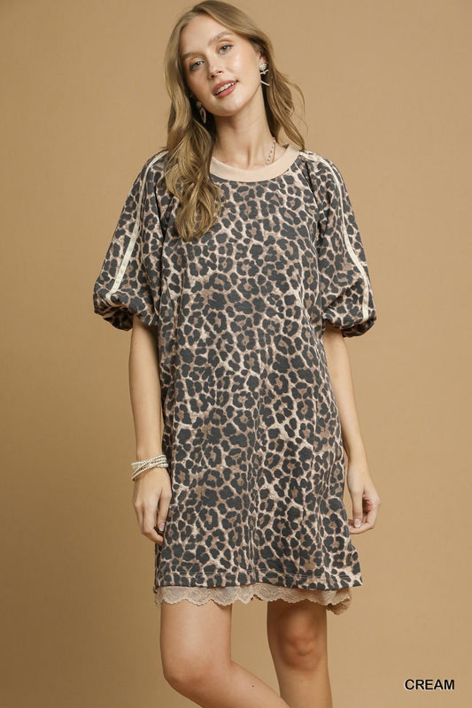 UMGEE Leopard Print Puff Sleeve Dress Cream