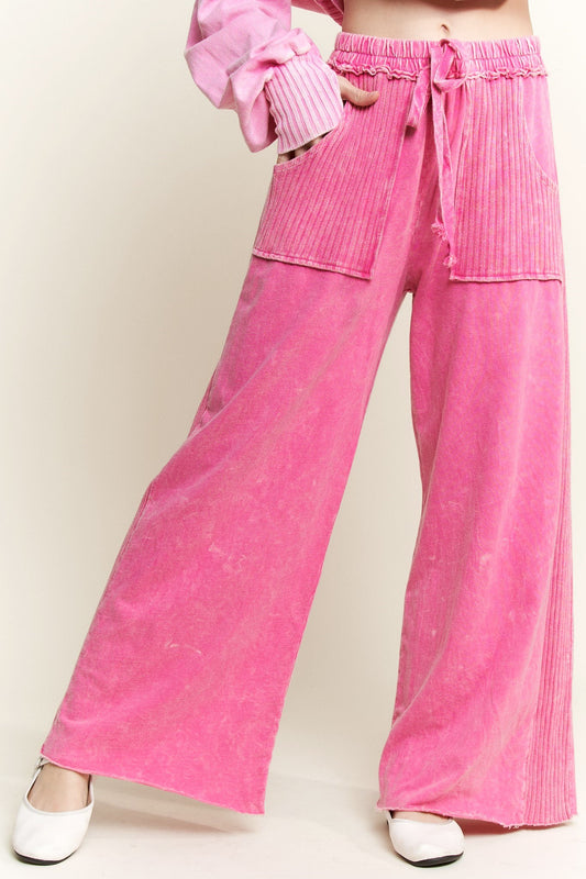 J. HER Mineral Wash Side Knit Detail Wide Leg Pants Hot Pink