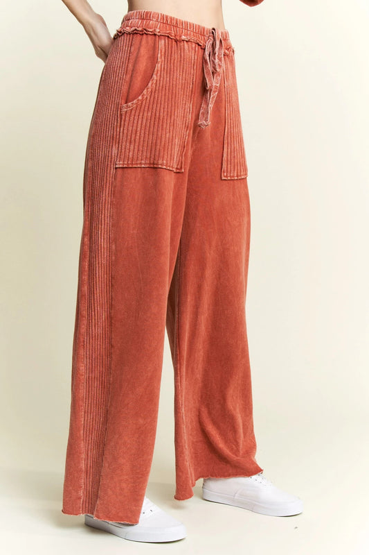 J. HER Mineral Wash Side Knit Detail Wide Leg Pants Burnt Orange