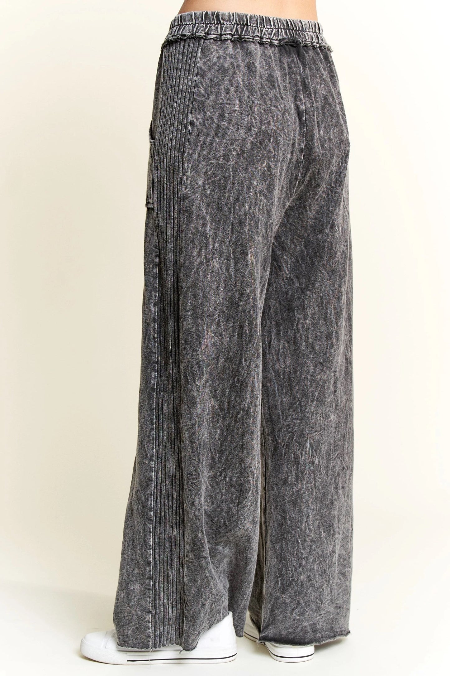 J. HER Mineral Wash Side Knit Detail Wide Leg Pants Ashed Black