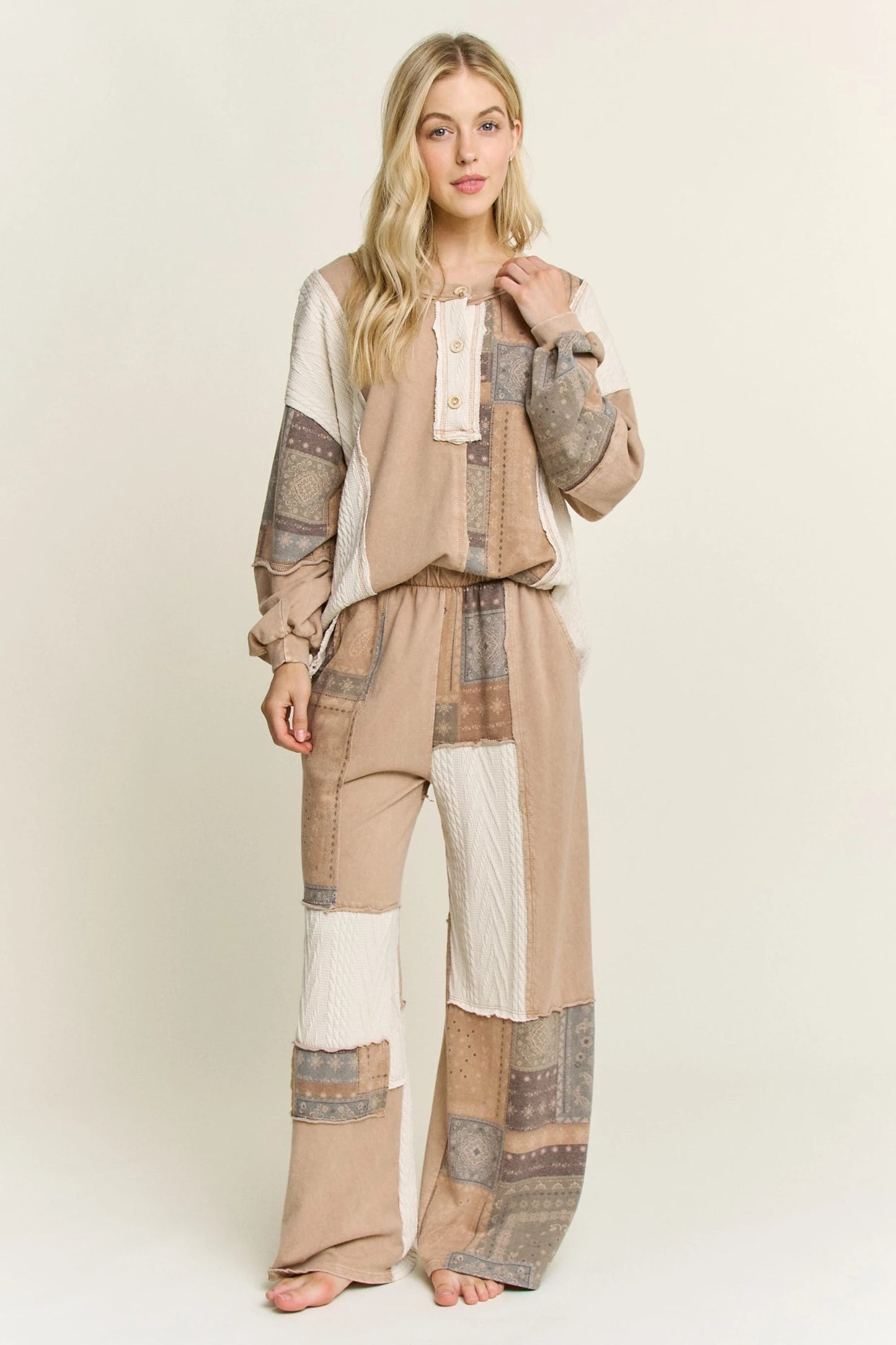 J. HER Mineral Washed Bandana Patchwork + Sweater Pants Latte
