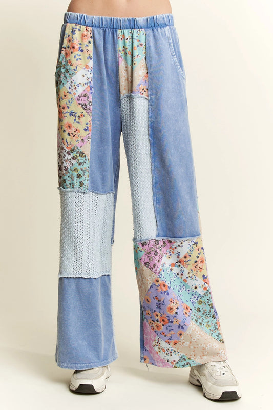 J. HER Mineral Washed Floral WaveKnit Jacquard Boho Wide Leg Pants Denim Blue