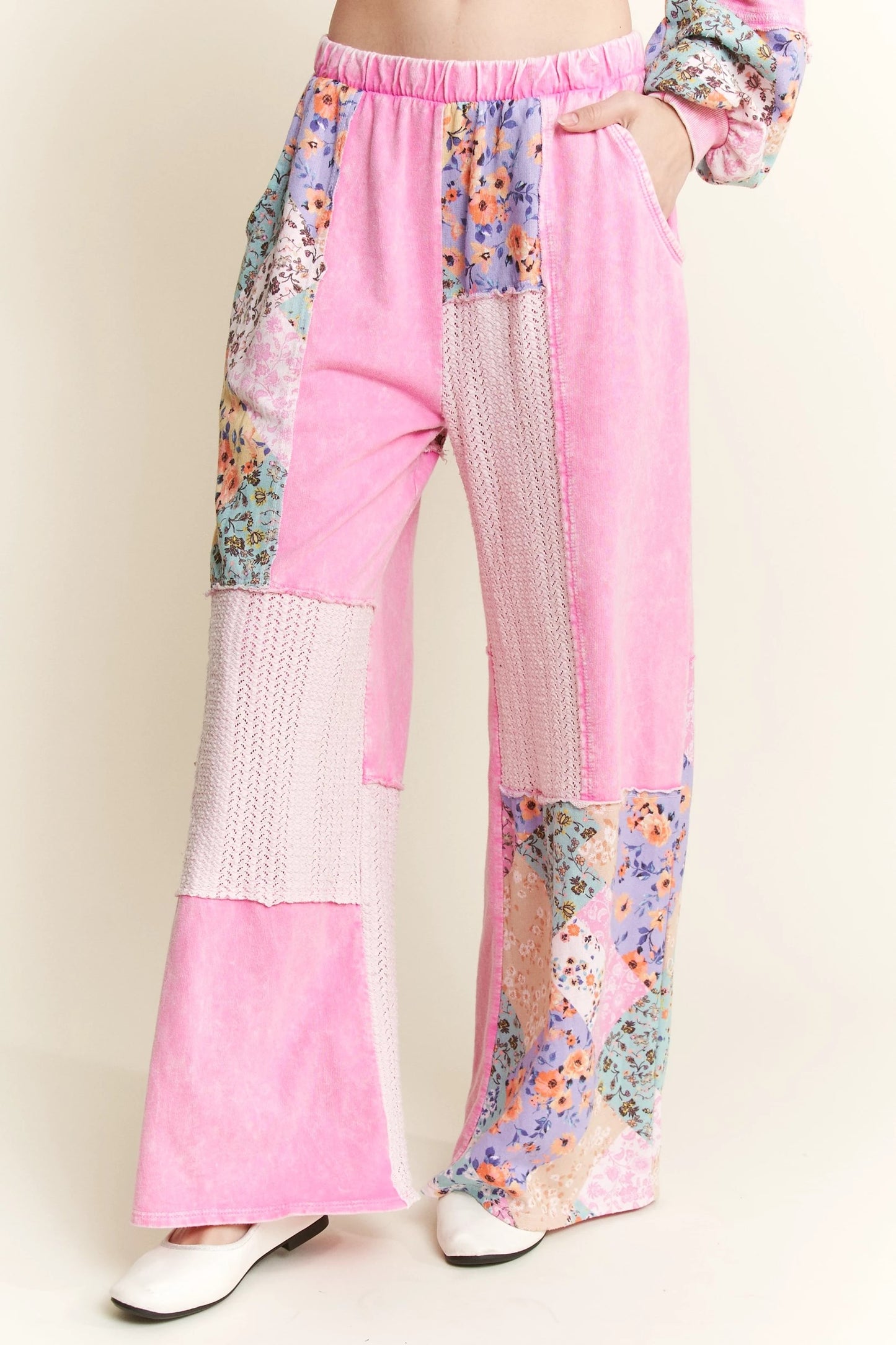 J. HER Mineral Washed Floral WaveKnit Jacquard Boho Wide Leg Pants Bubble Gum