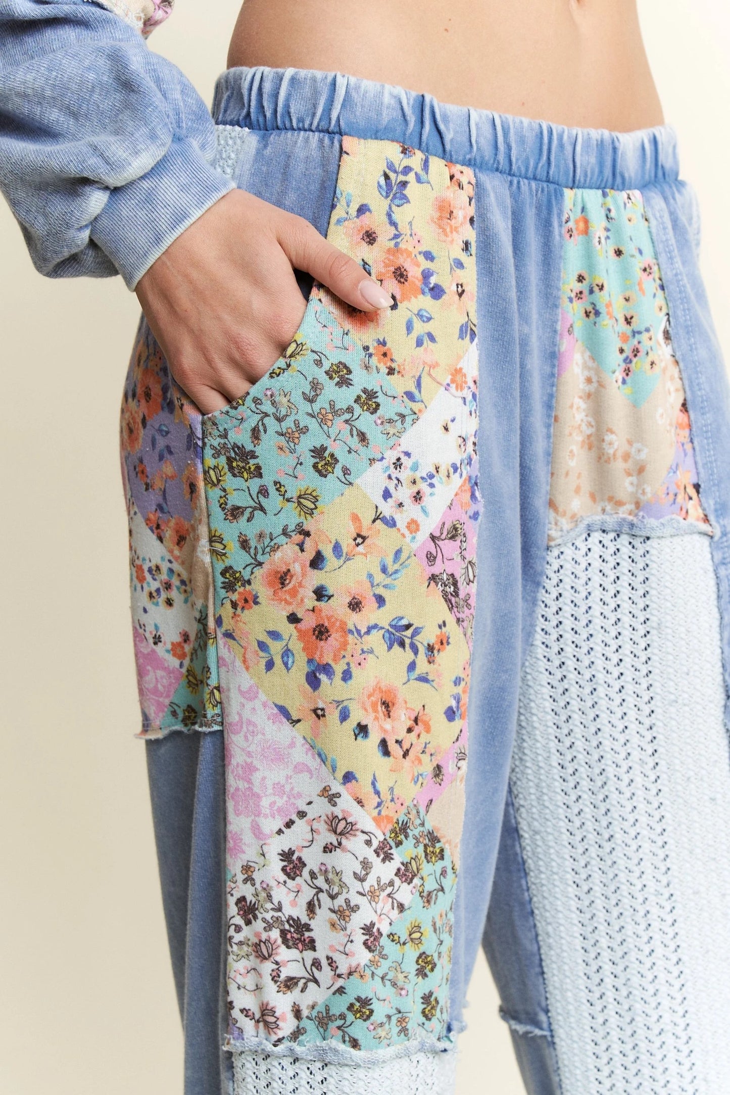 J. HER Mineral Washed Floral WaveKnit Jacquard Boho Wide Leg Pants Denim Blue