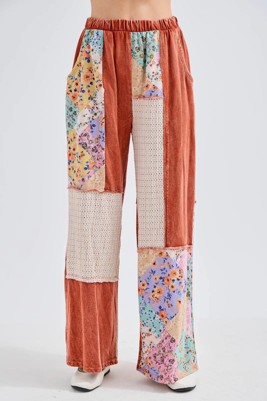 J. HER Mineral Washed Floral WaveKnit Jacquard Boho Wide Leg Pants Burnt Orange