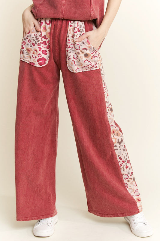 J. HER Mineral Wash Colorful Leopard Pocket Side Wide Leg Pants Burgundy