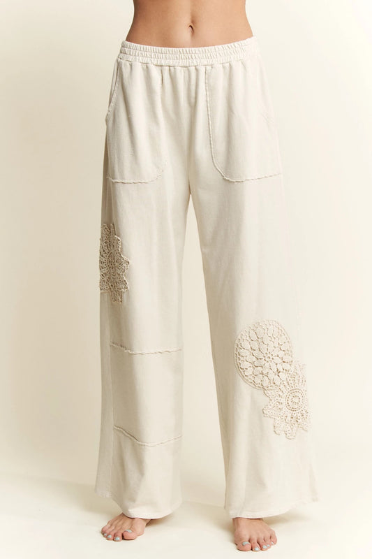 J. HER Mineral Washed Doily Wide Leg Straight Pants Natural