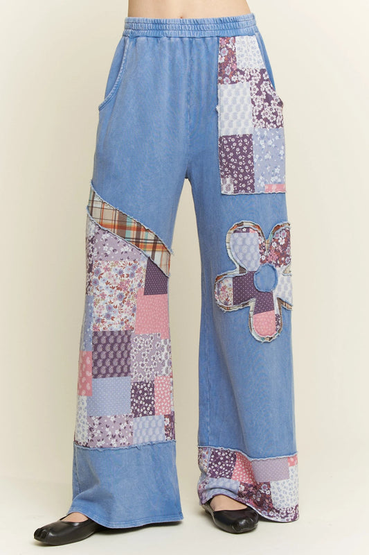 J. HER Mineral Washed Boho Patch Daisy Lounge Pants Denim Blue