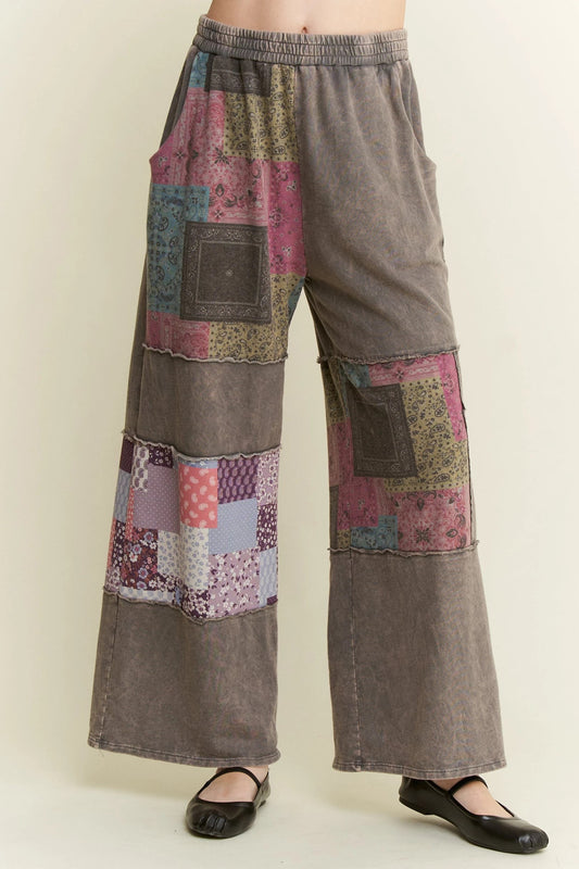 J. HER Mineral Washed Boho Block Patch Pants Charcoal