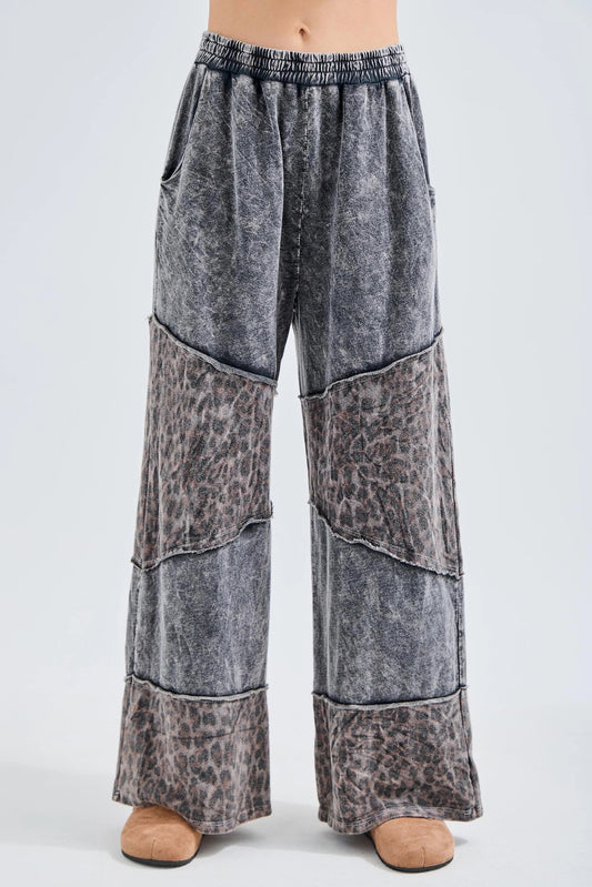 J. HER Mineral Washed Leopard Print Asymmetrical Tier Pants Ashed Black
