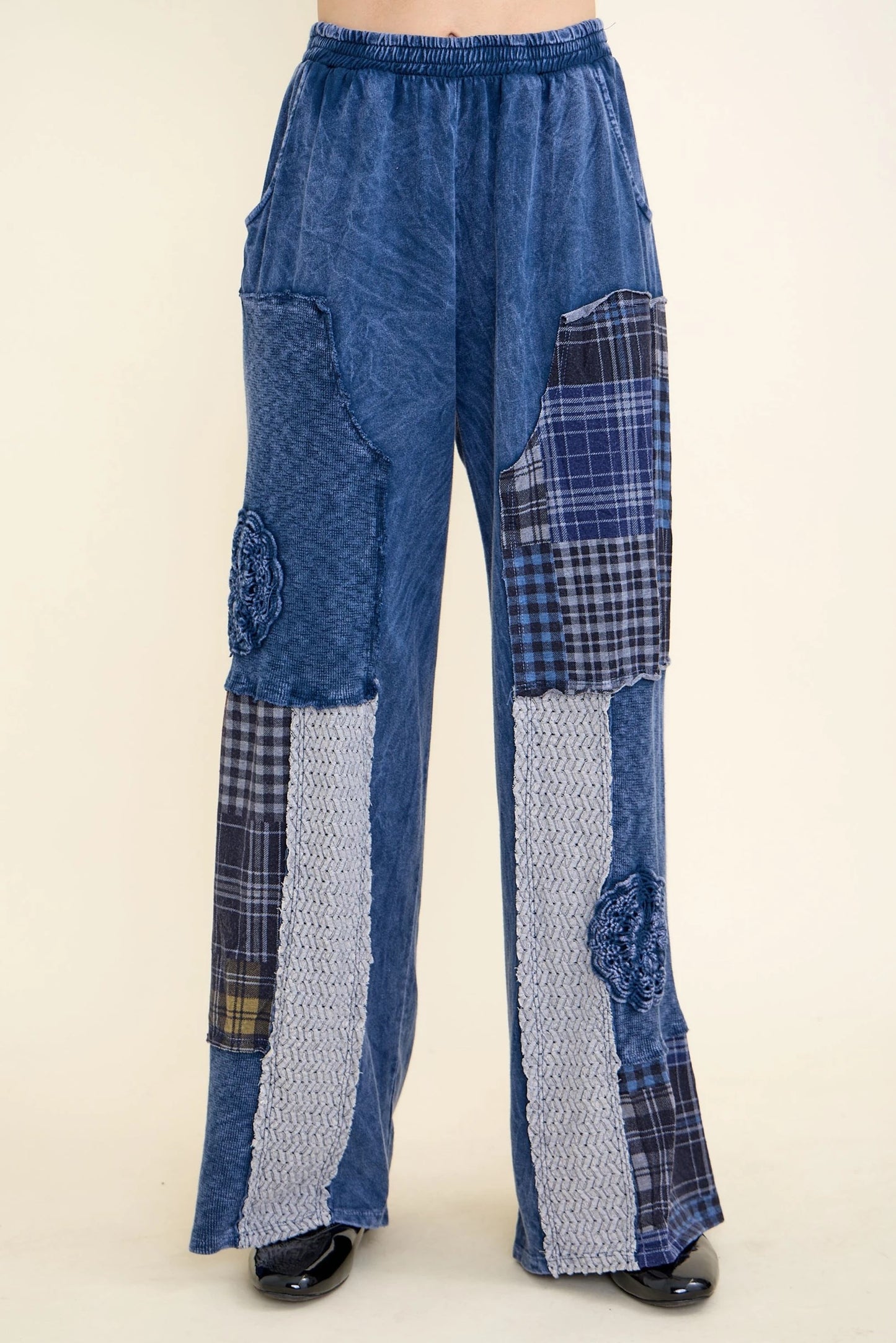 J HER Mineral Washed Plaid Patched Doily Pants Navy