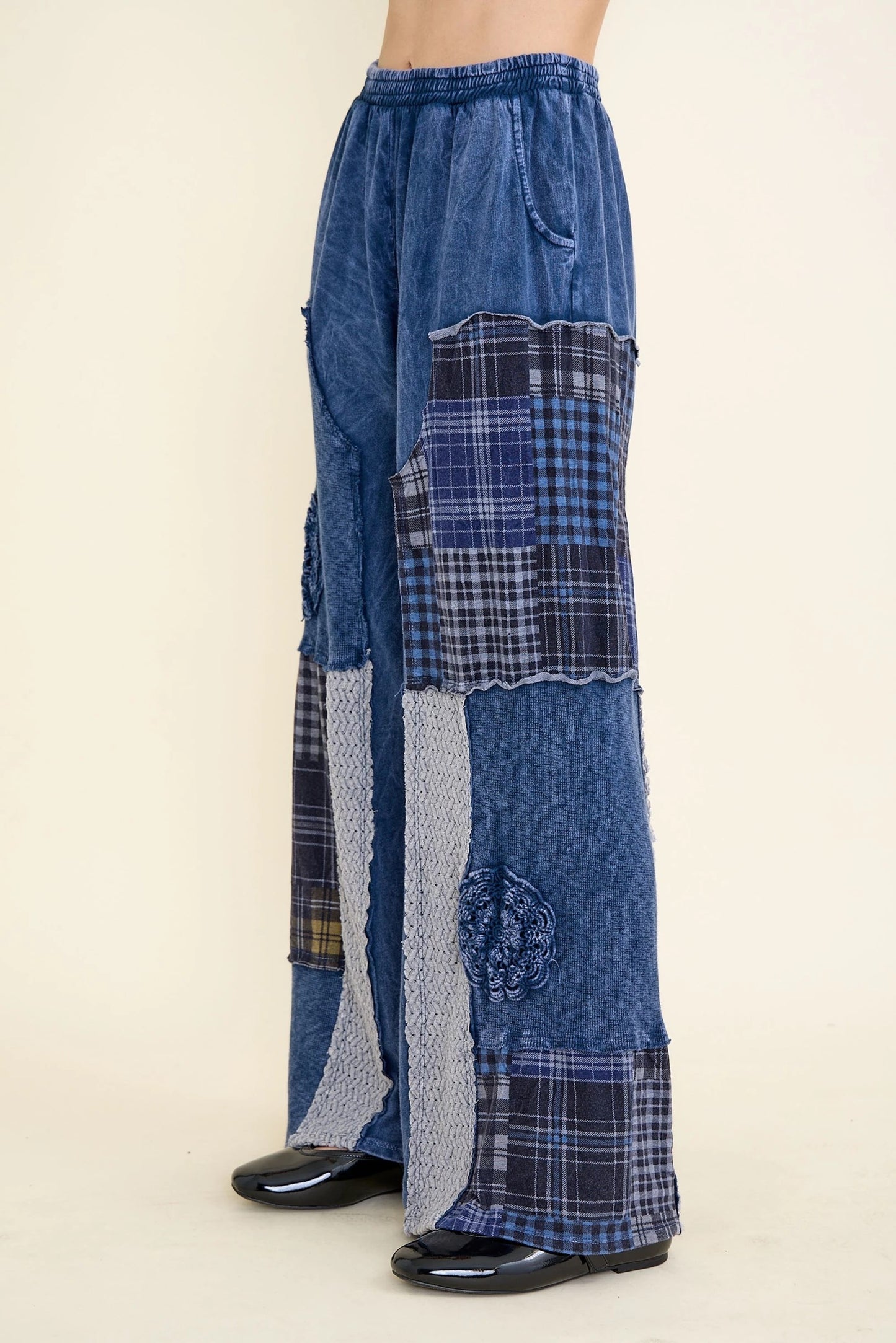 J HER Mineral Washed Plaid Patched Doily Pants Navy