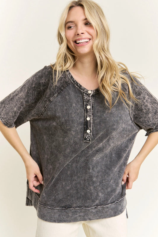 J. HER Mineral Wash Henry Neck Shirt Ashed Black