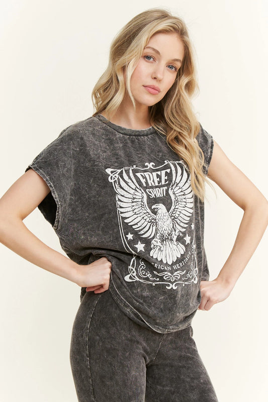 J. HER Mineral Washed FREE SPIRIT Muscle Graphic Tank Ashed Black
