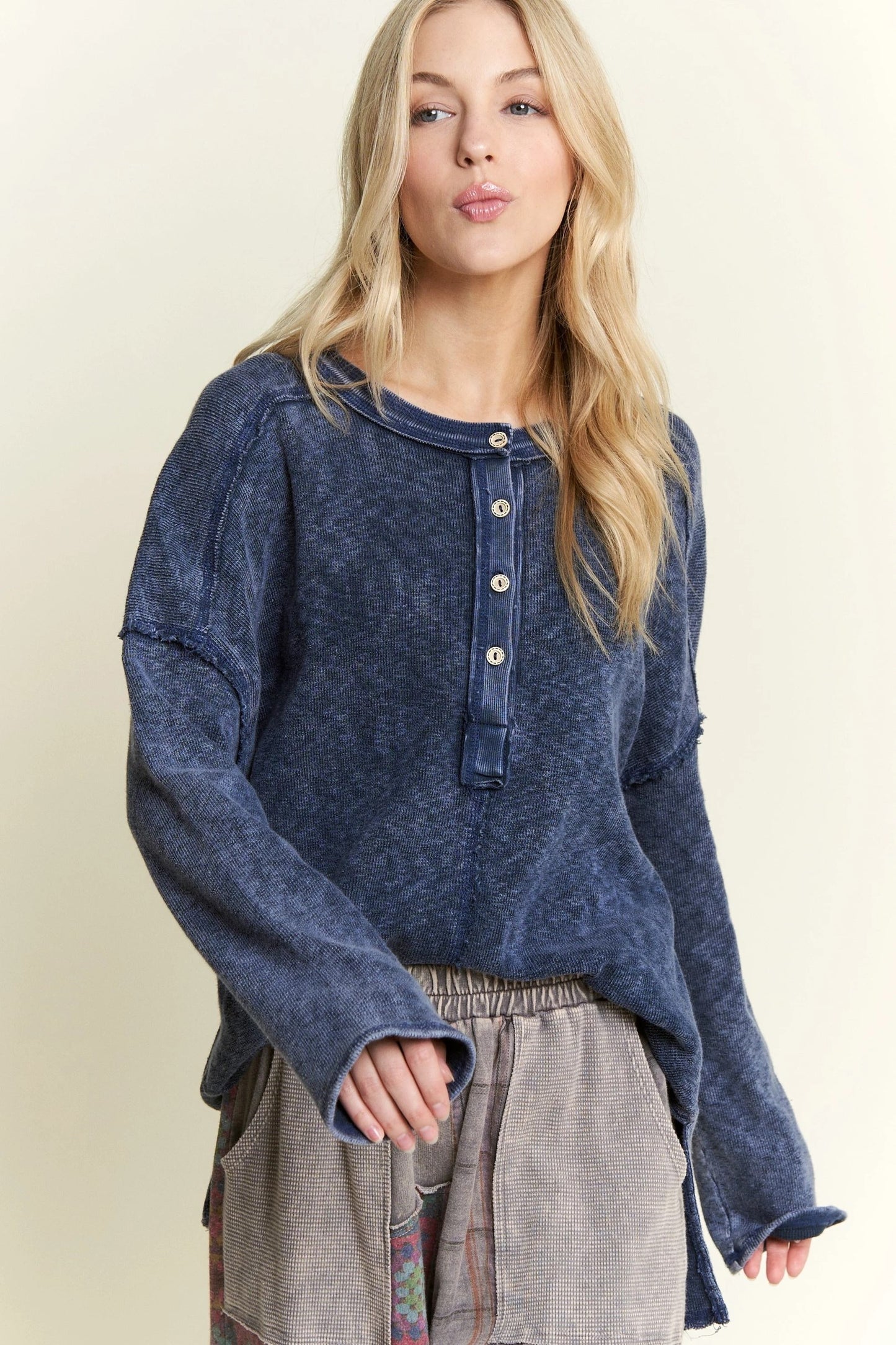 J HER Mineral Wash Long Sleeve Henley Neck T-Shirt