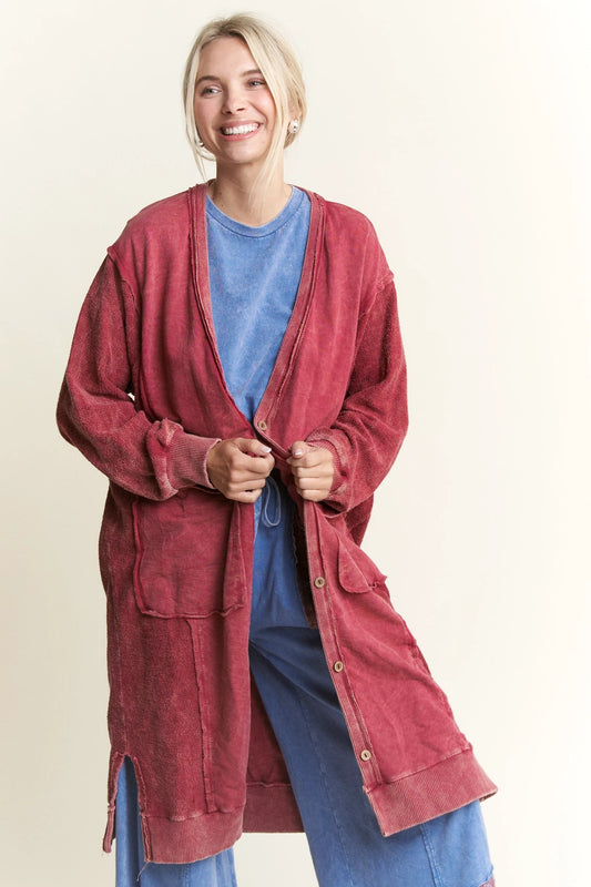 J. HER Mineral Wash Soft French Terry Oversized Cardigan Burgundy