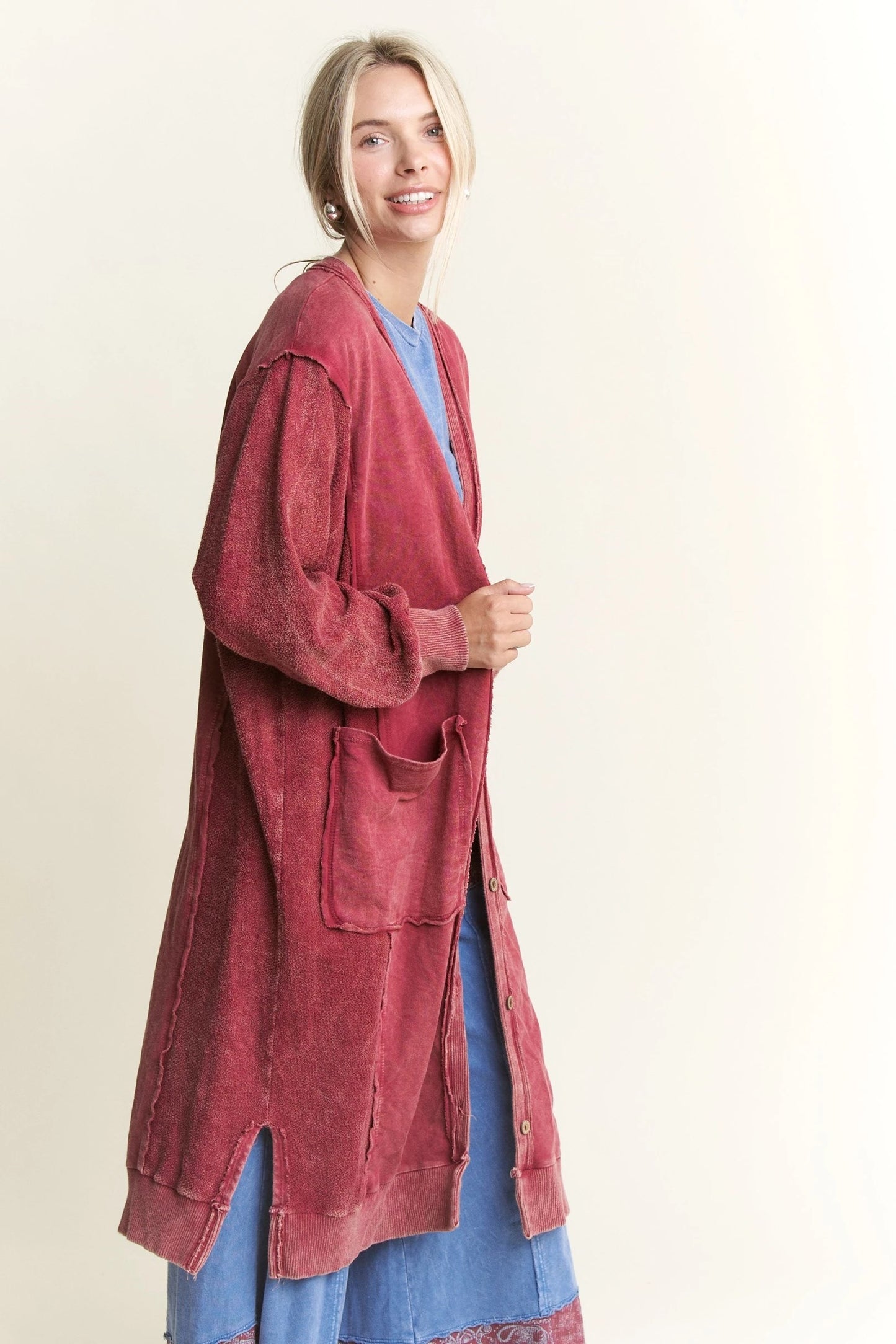 J. HER Mineral Wash Soft French Terry Oversized Cardigan Burgundy