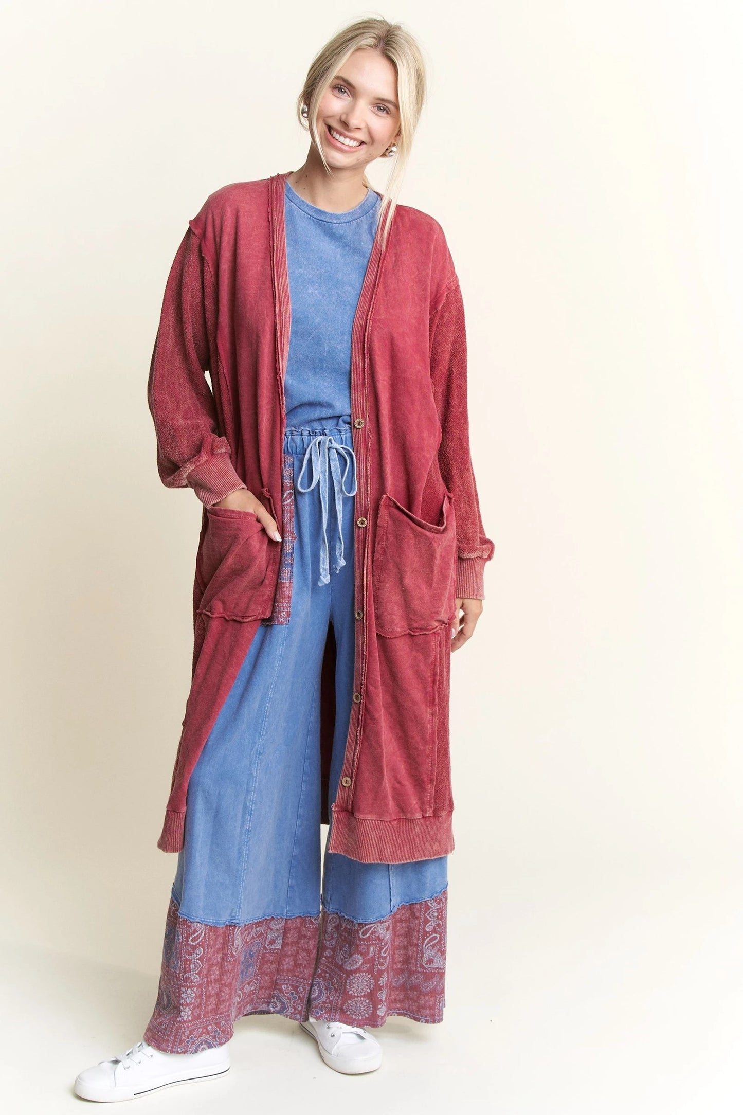 J. HER Mineral Wash Soft French Terry Oversized Cardigan Burgundy