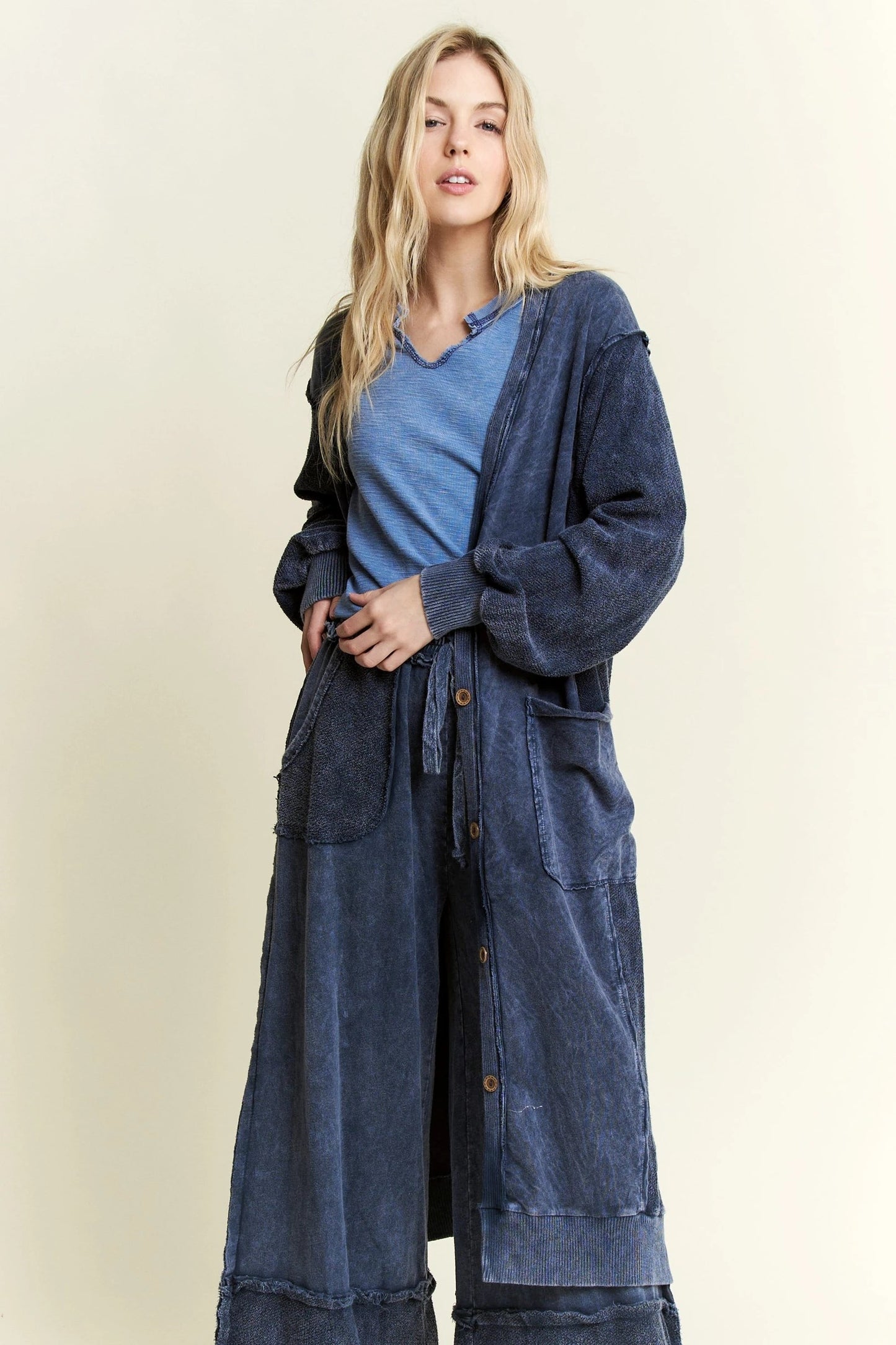 J. HER Mineral Wash Soft French Terry Oversized Cardigan Navy