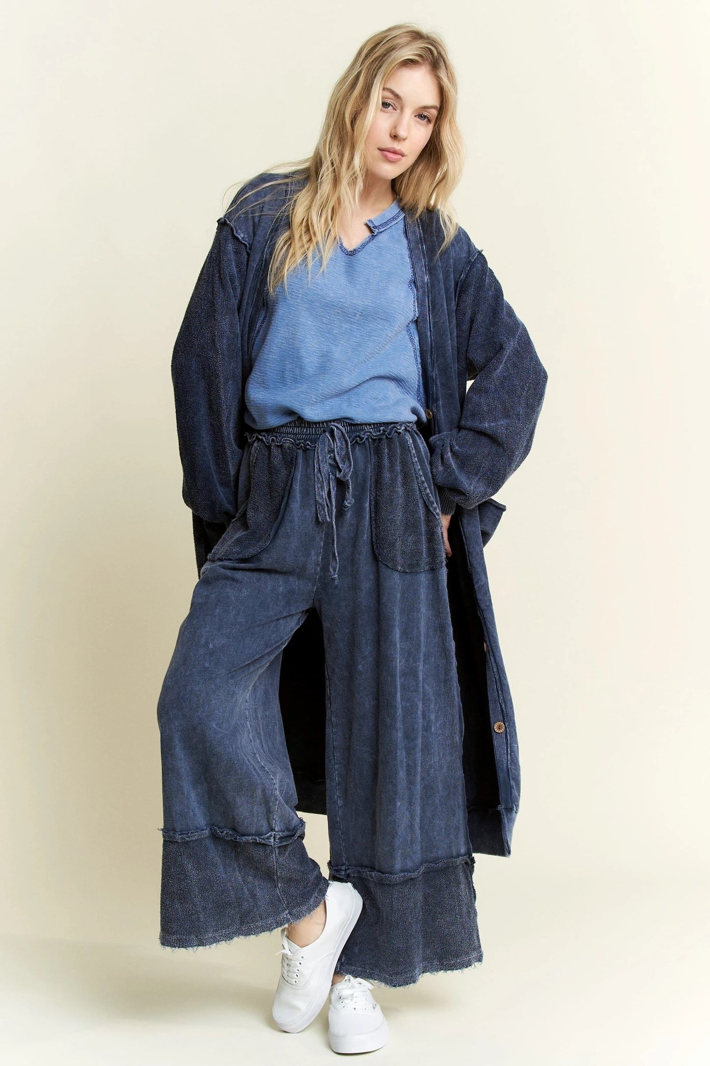 J. HER Mineral Wash Soft French Terry Oversized Cardigan Navy