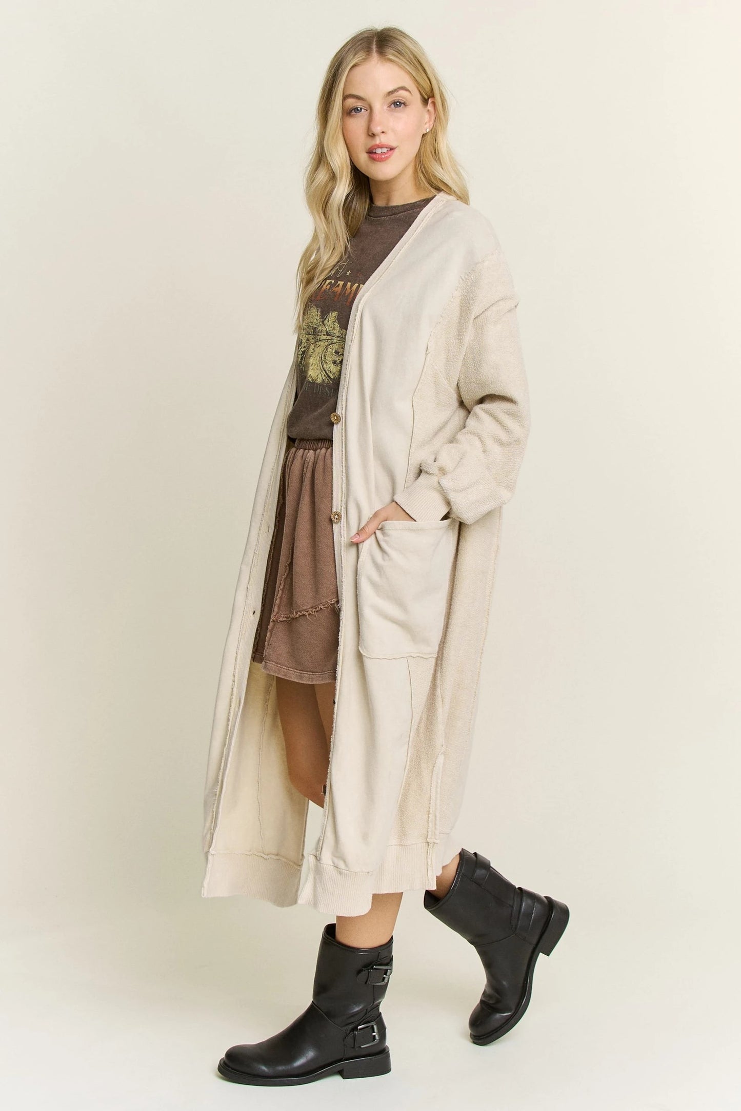J. HER Mineral Wash Soft French Terry Oversized Cardigan Natural