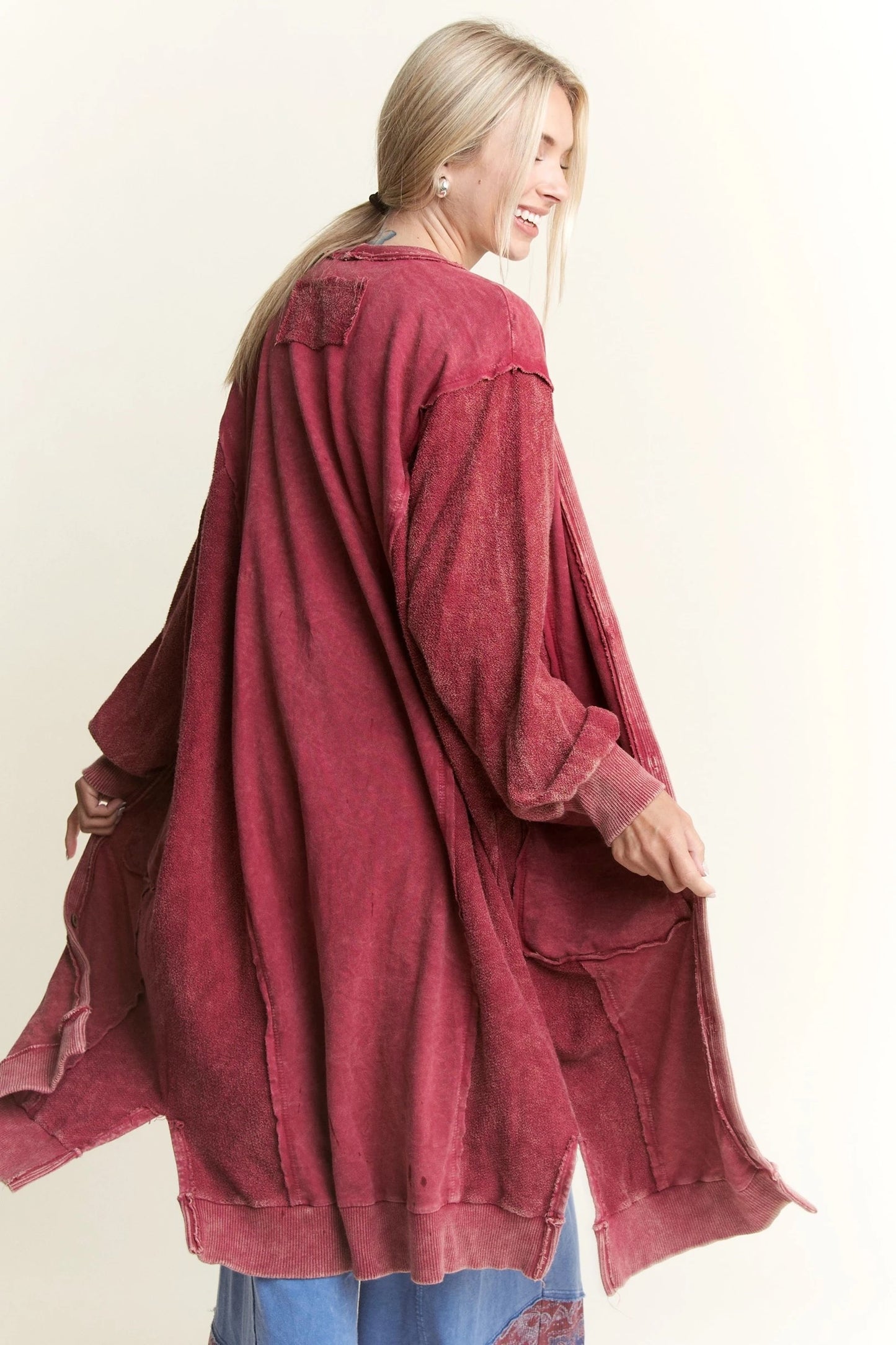 J. HER Mineral Wash Soft French Terry Oversized Cardigan Burgundy