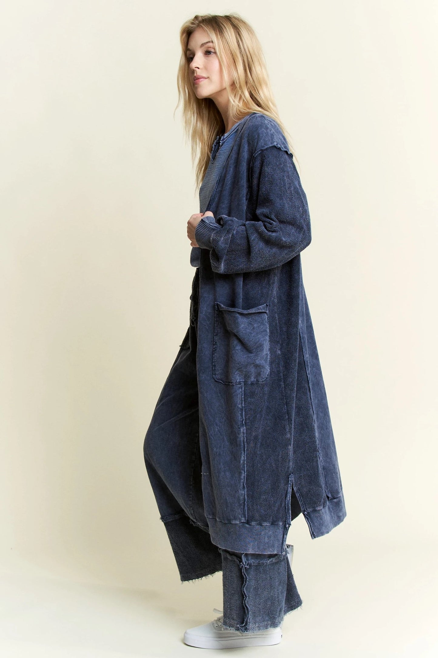 J. HER Mineral Wash Soft French Terry Oversized Cardigan Navy