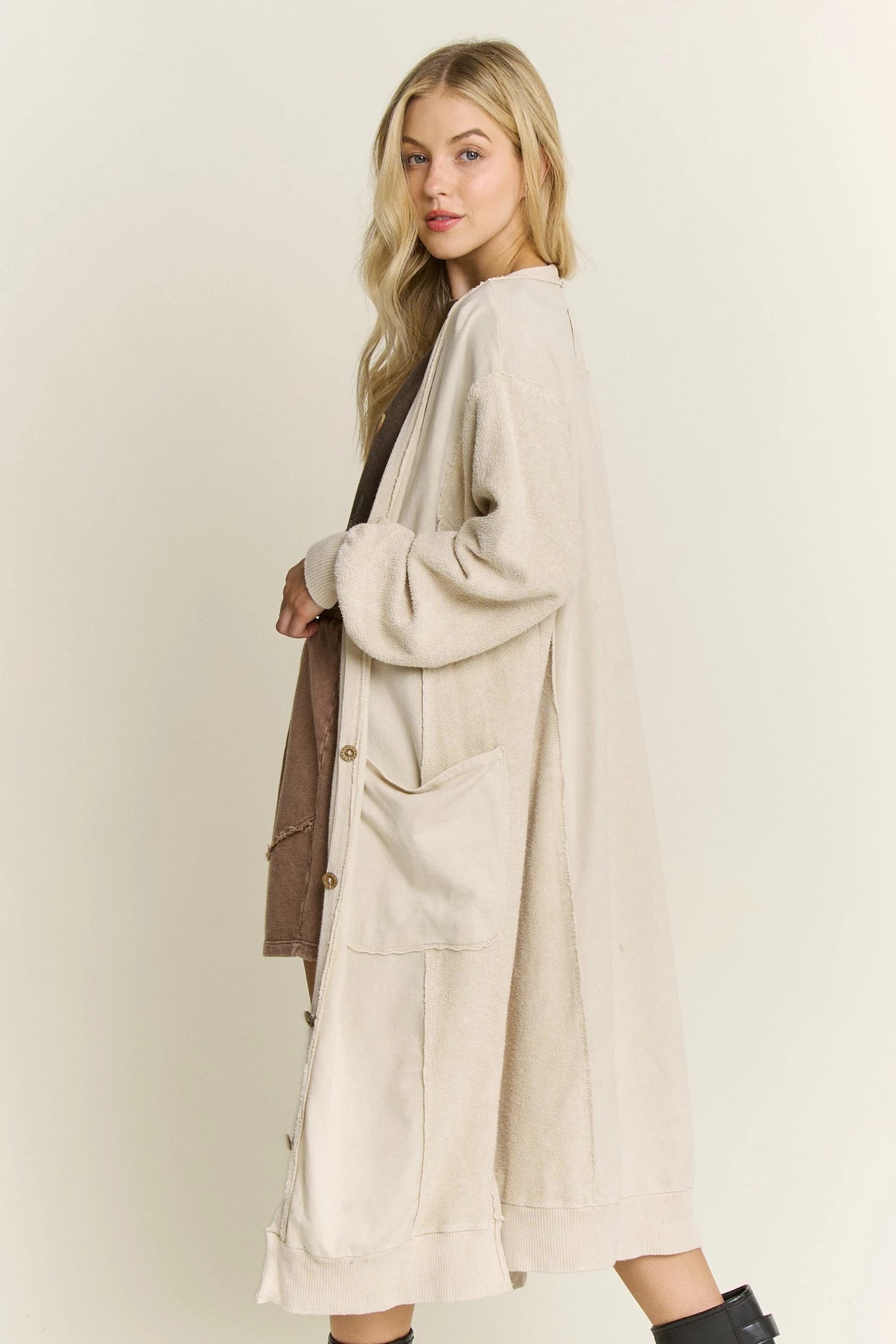 J. HER Mineral Wash Soft French Terry Oversized Cardigan Natural