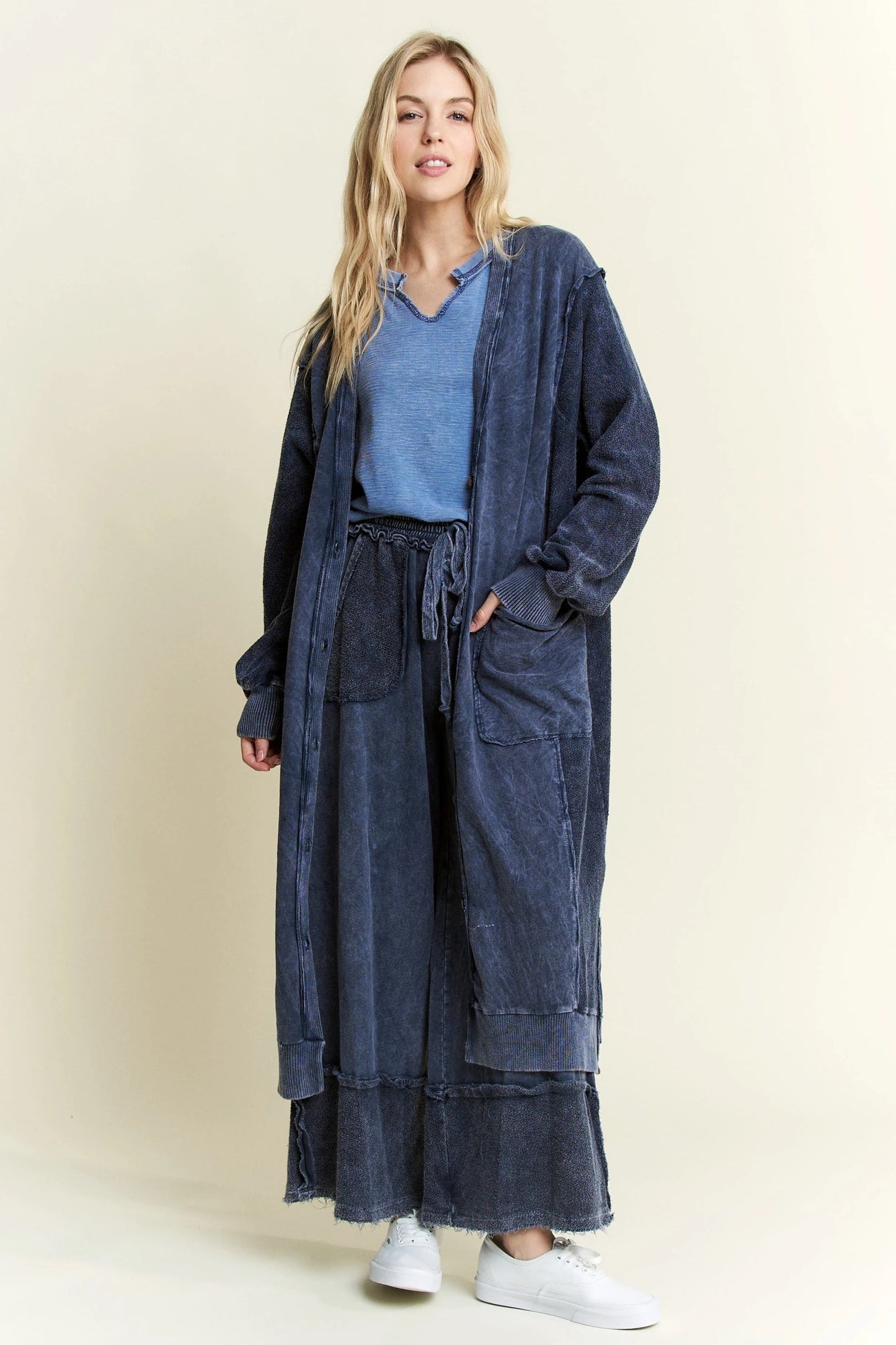 J. HER Mineral Wash Soft French Terry Oversized Cardigan Navy