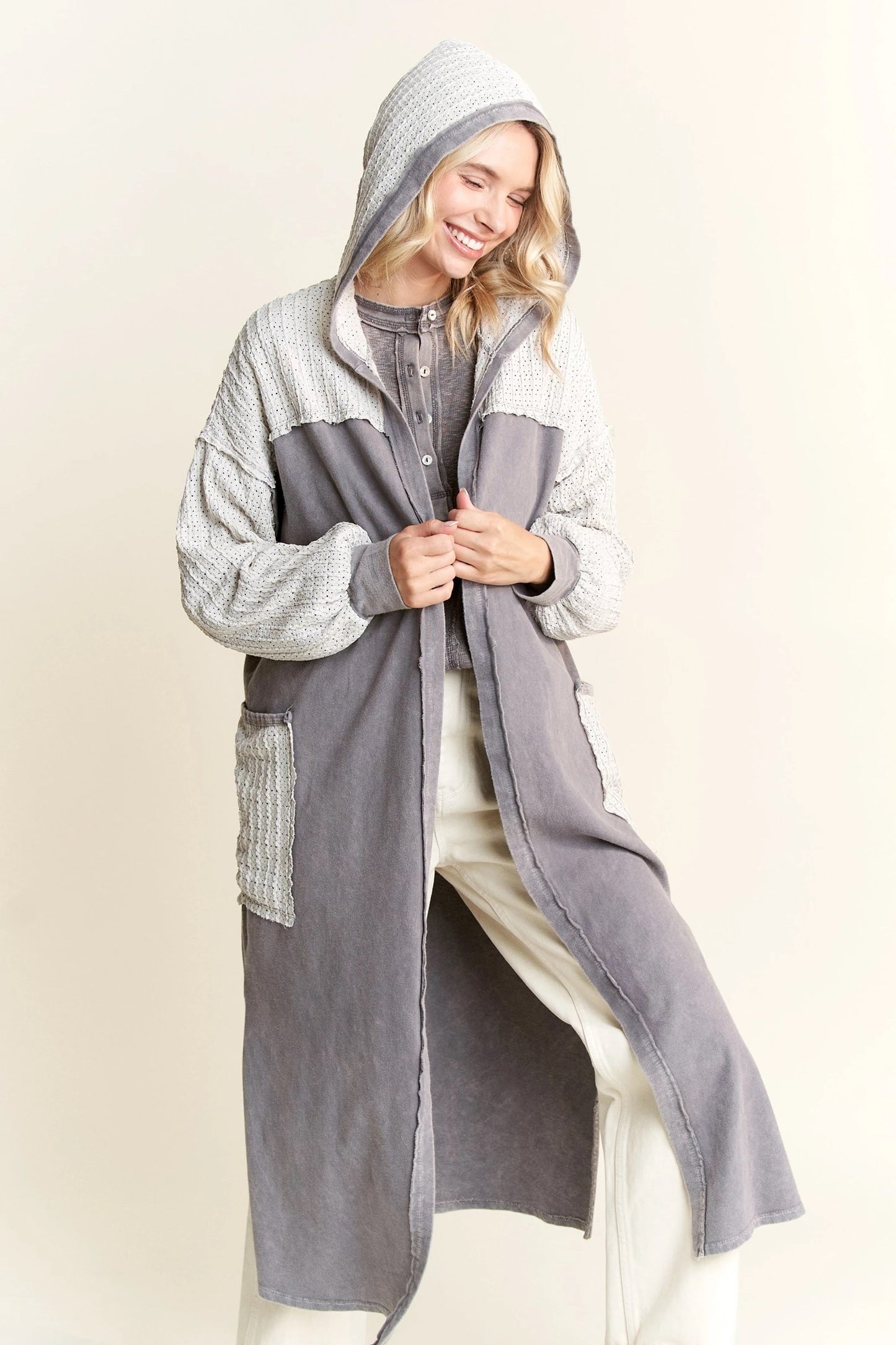 J. HER Mineral Wash Wave Knit Jacquard Hoodie Maxi Cardigan Charcoal